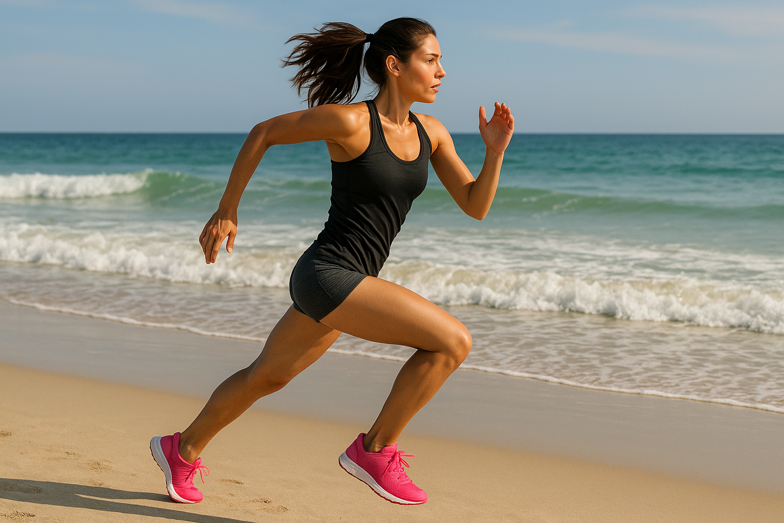 mujer con zapatos pink deportivos en la playa corriendo